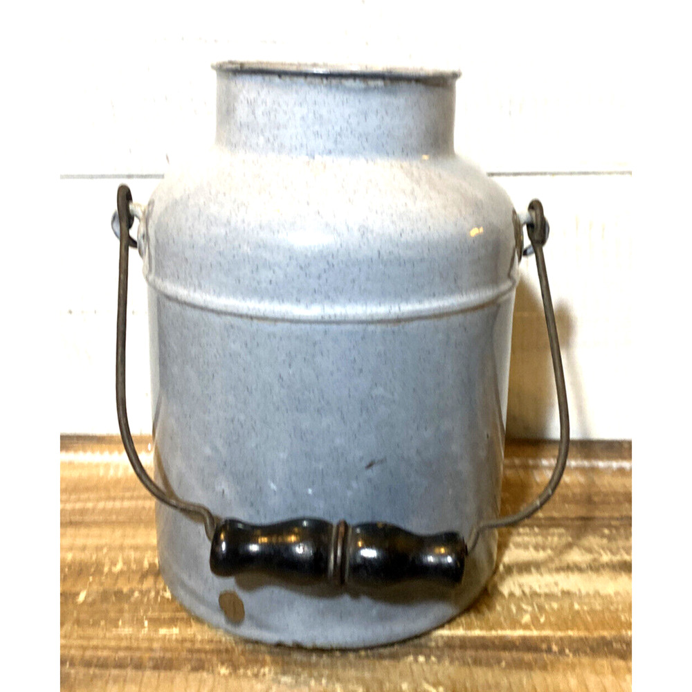 Vintage Speckled Enameled Handled Milk Jug Canister No Lid 9.375" Tall Farmhouse